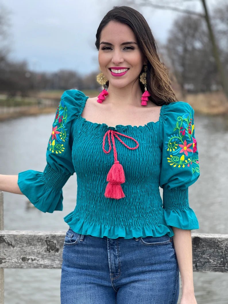 Mexican Floral Embroidered Bell Sleeve Blouse. Blusa Camila. - Solei Store