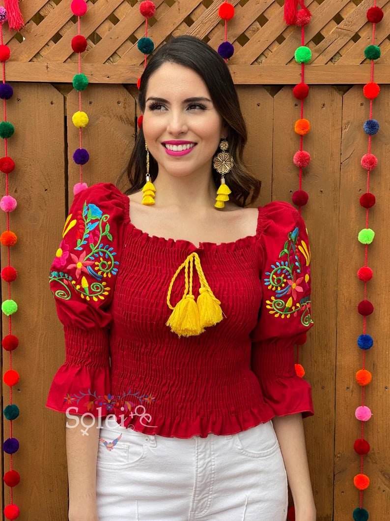 Mexican Floral Embroidered Bell Sleeve Blouse. Blusa Camila. - Solei Store