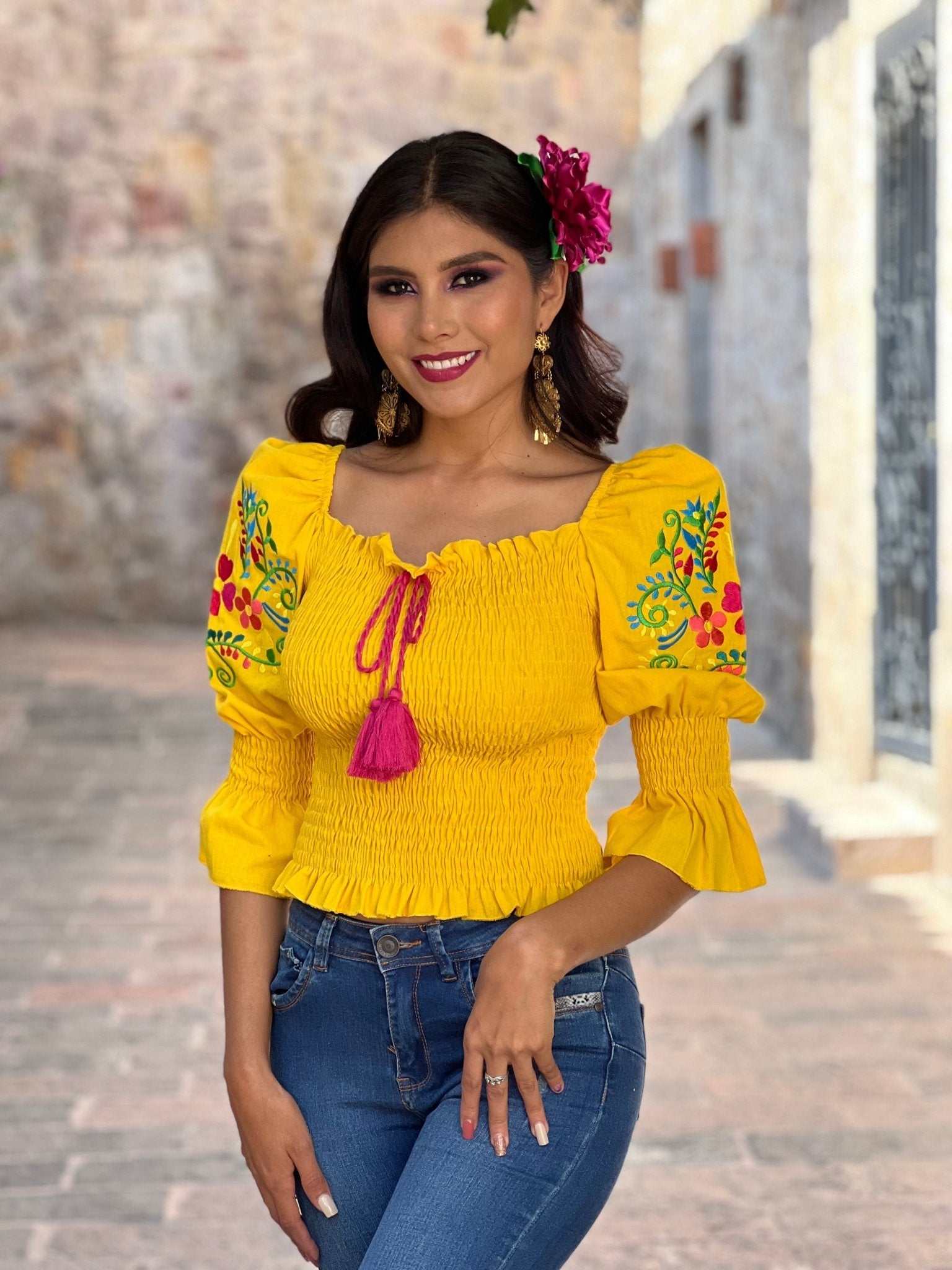 Mexican Floral Embroidered Bell Sleeve Blouse. Blusa Camila. - Solei Store