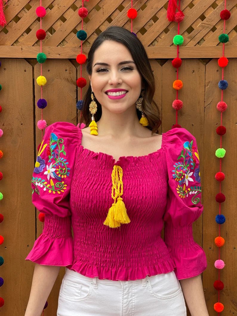 Mexican Floral Embroidered Bell Sleeve Blouse. Blusa Camila. - Solei Store