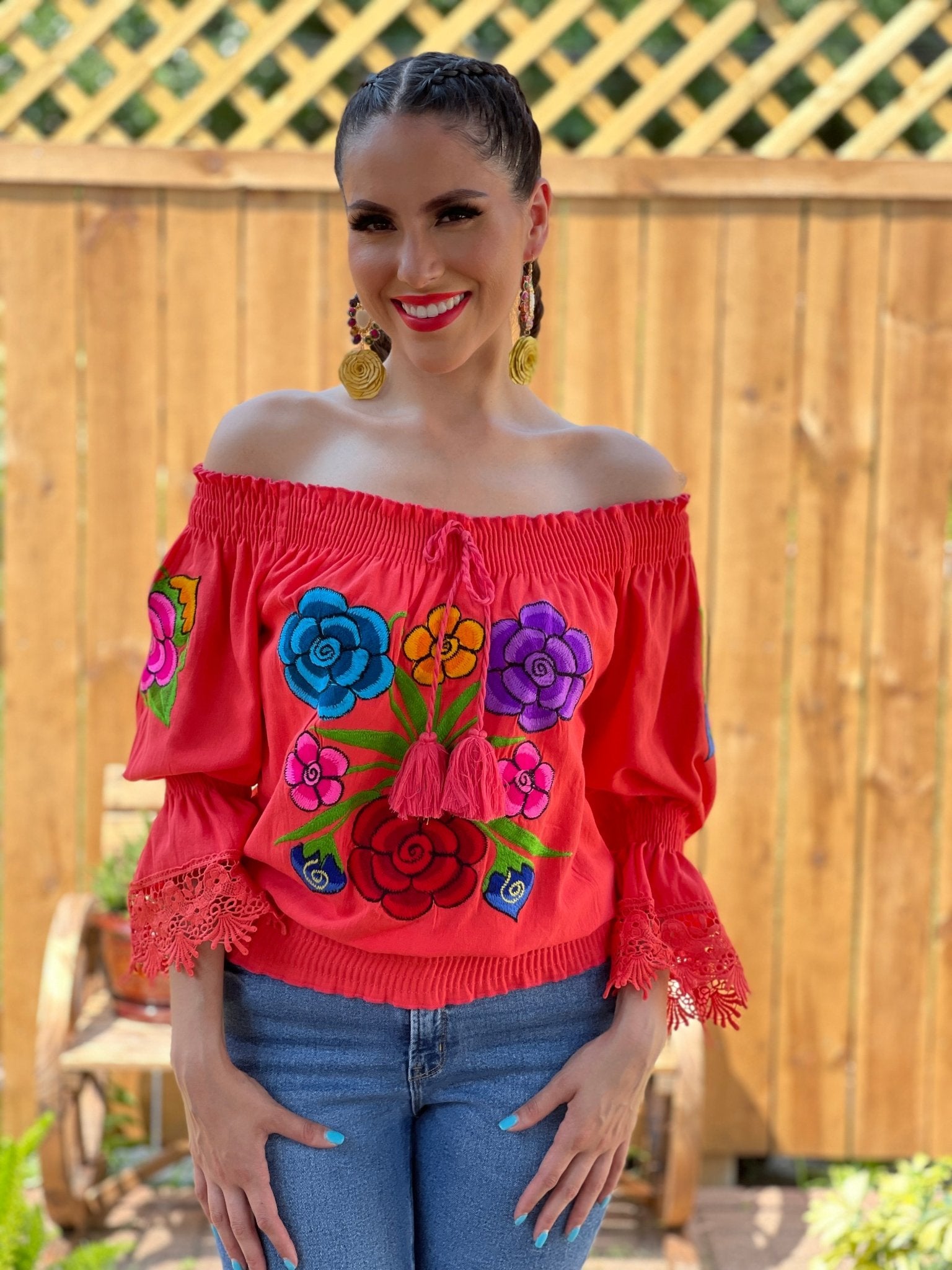 Mexican Floral Embroidered Bell Sleeve Blouse. Blusa Gema. - Solei Store