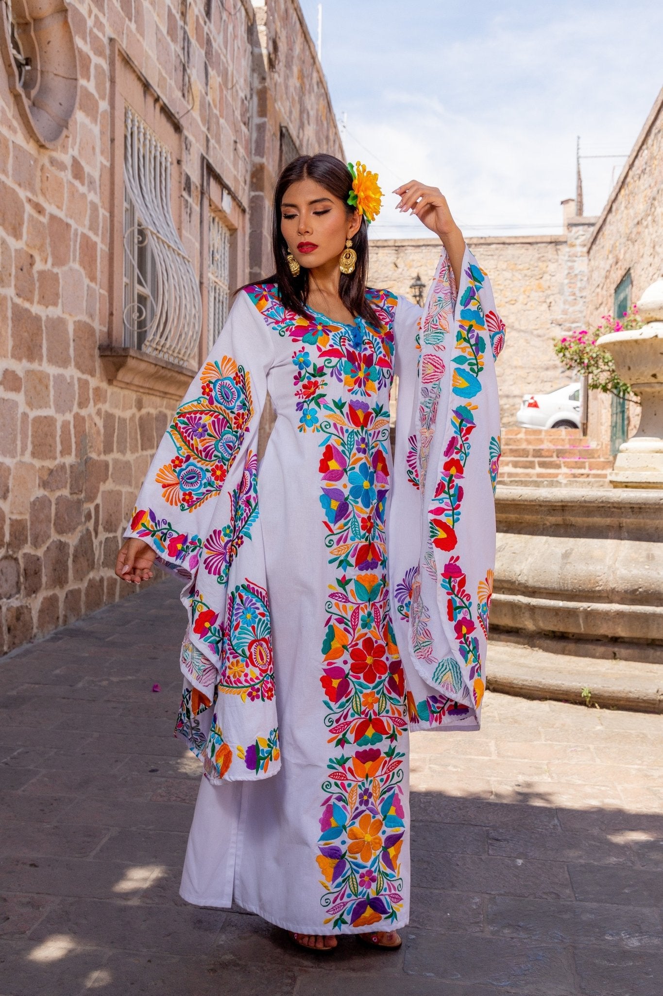 Mexican Floral Embroidered Bell Sleeve Dress. Maya Dress. - Solei Store