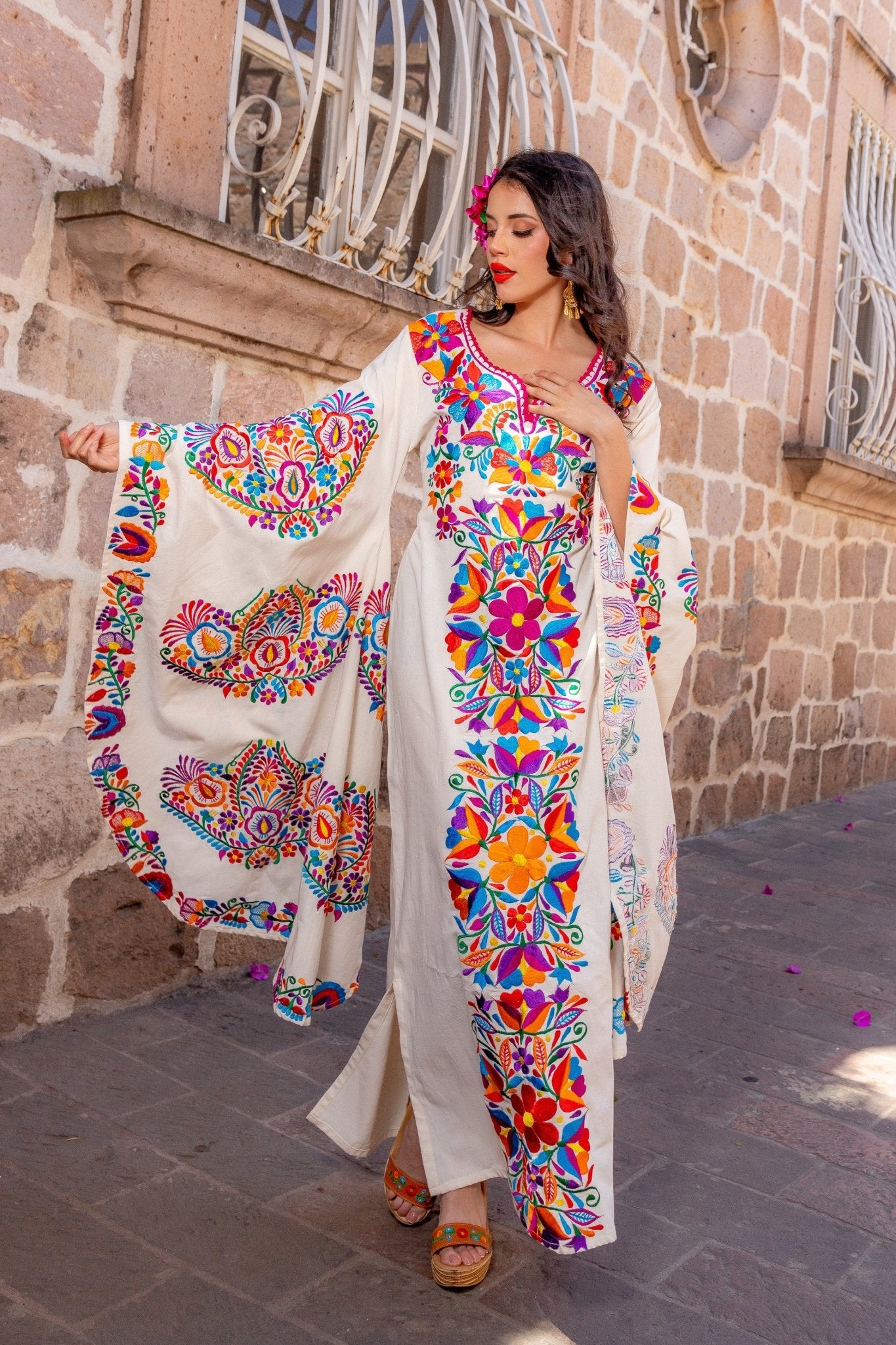 Mexican Floral Embroidered Bell Sleeve Dress. Maya Dress. - Solei Store