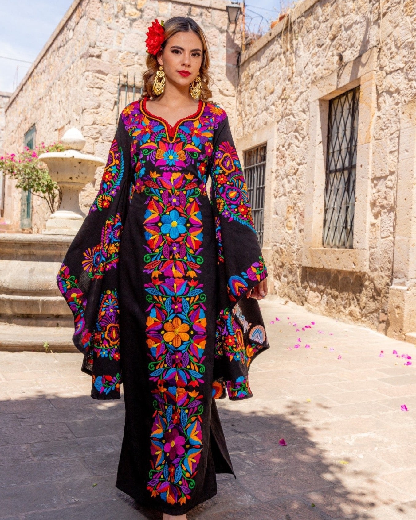 Mexican Floral Embroidered Bell Sleeve Dress. Maya Dress. - Solei Store