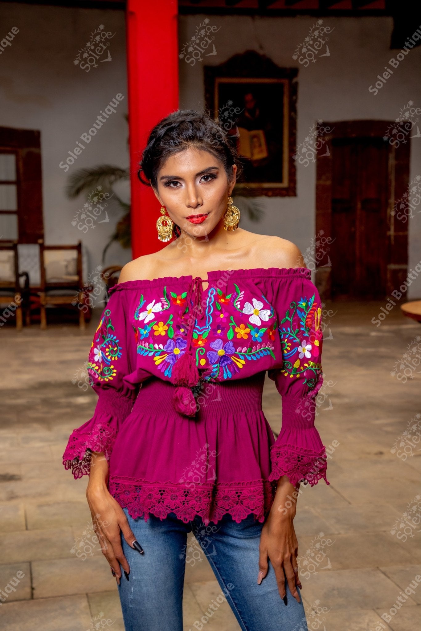 Mexican Floral Embroidered Bell Sleeve Mexican Blouse. Romina Blouse - Solei Store