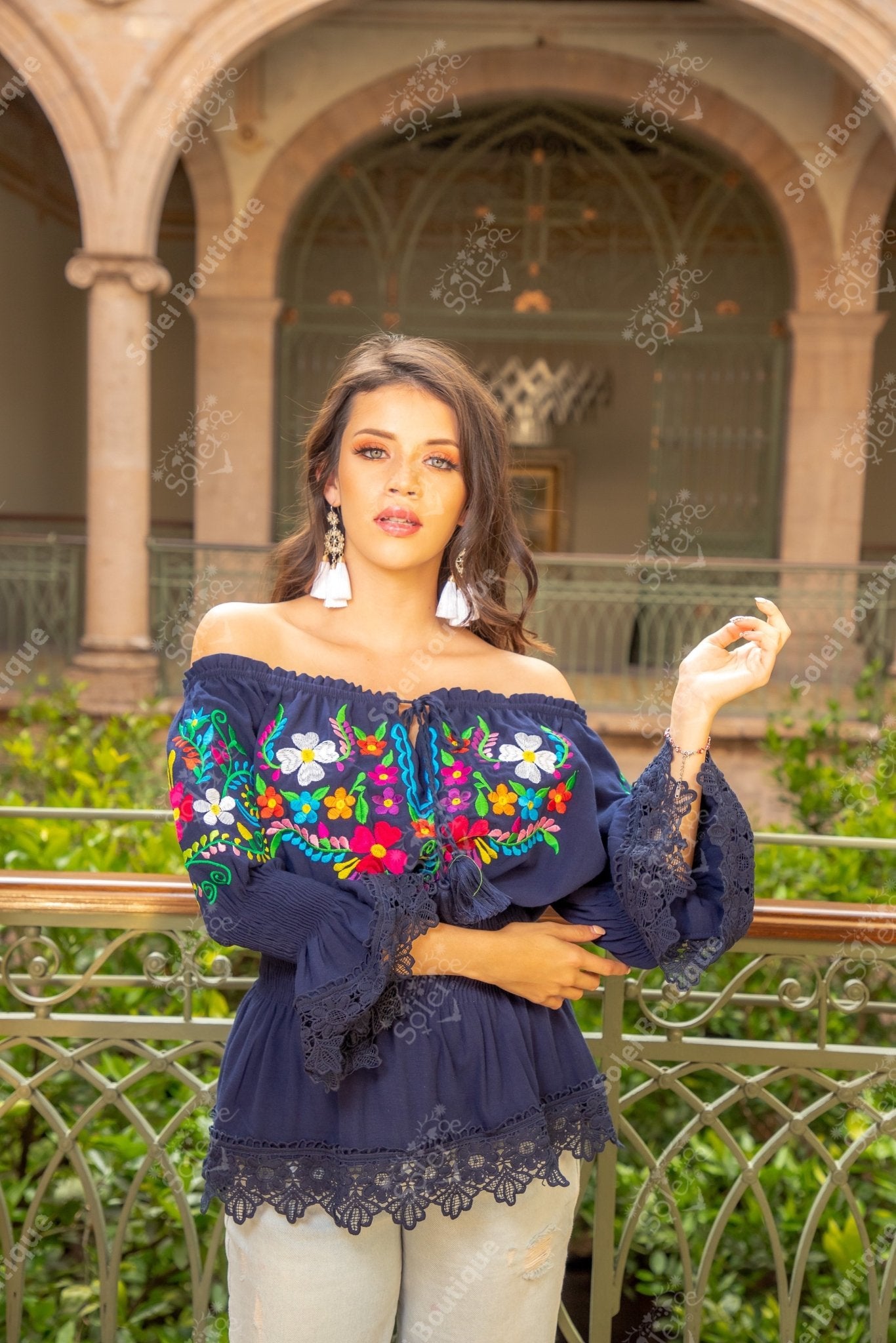 Mexican Floral Embroidered Bell Sleeve Mexican Blouse. Romina Blouse - Solei Store