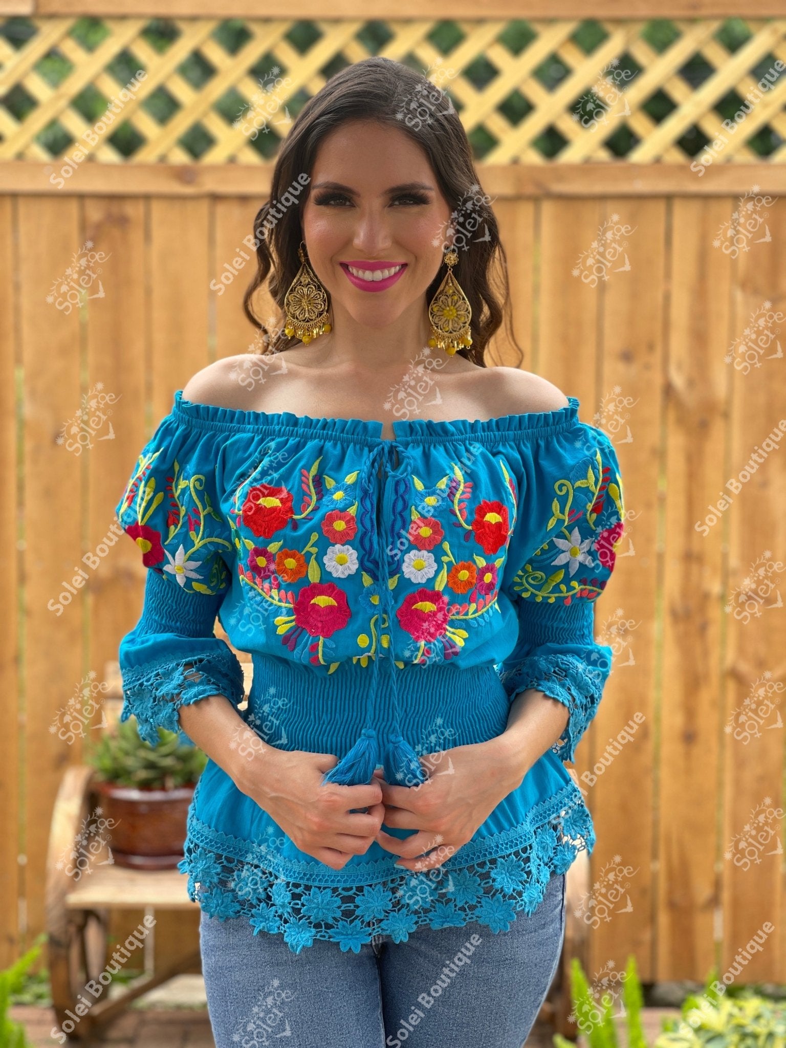 Mexican Floral Embroidered Bell Sleeve Mexican Blouse. Romina Blouse - Solei Store