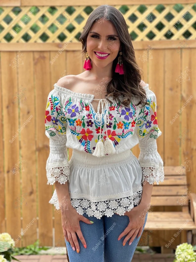 Mexican Floral Embroidered Bell Sleeve Mexican Blouse. Romina Blouse - Solei Store