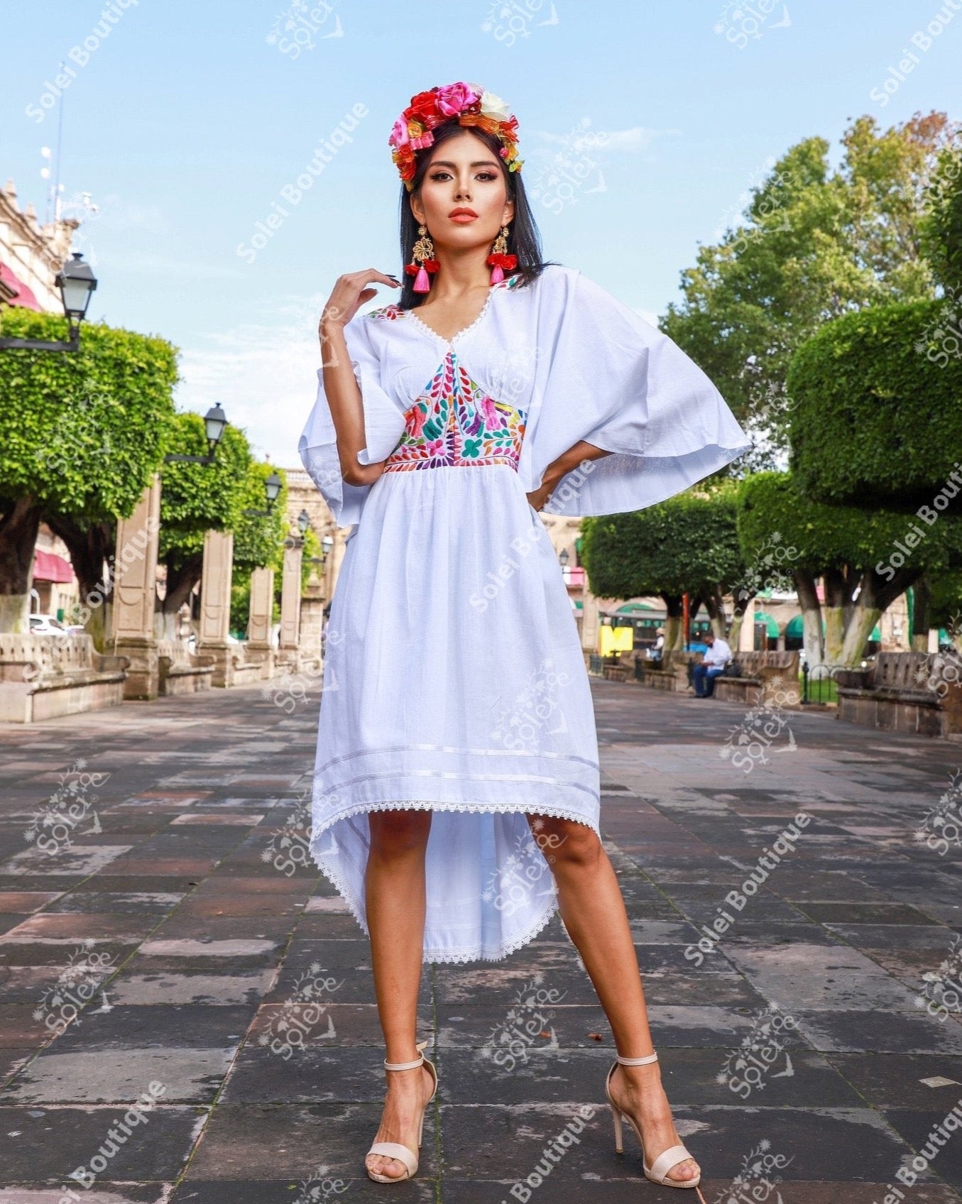 Mexican Floral Embroidered Bell Sleeve Naabani Dress - Solei Store