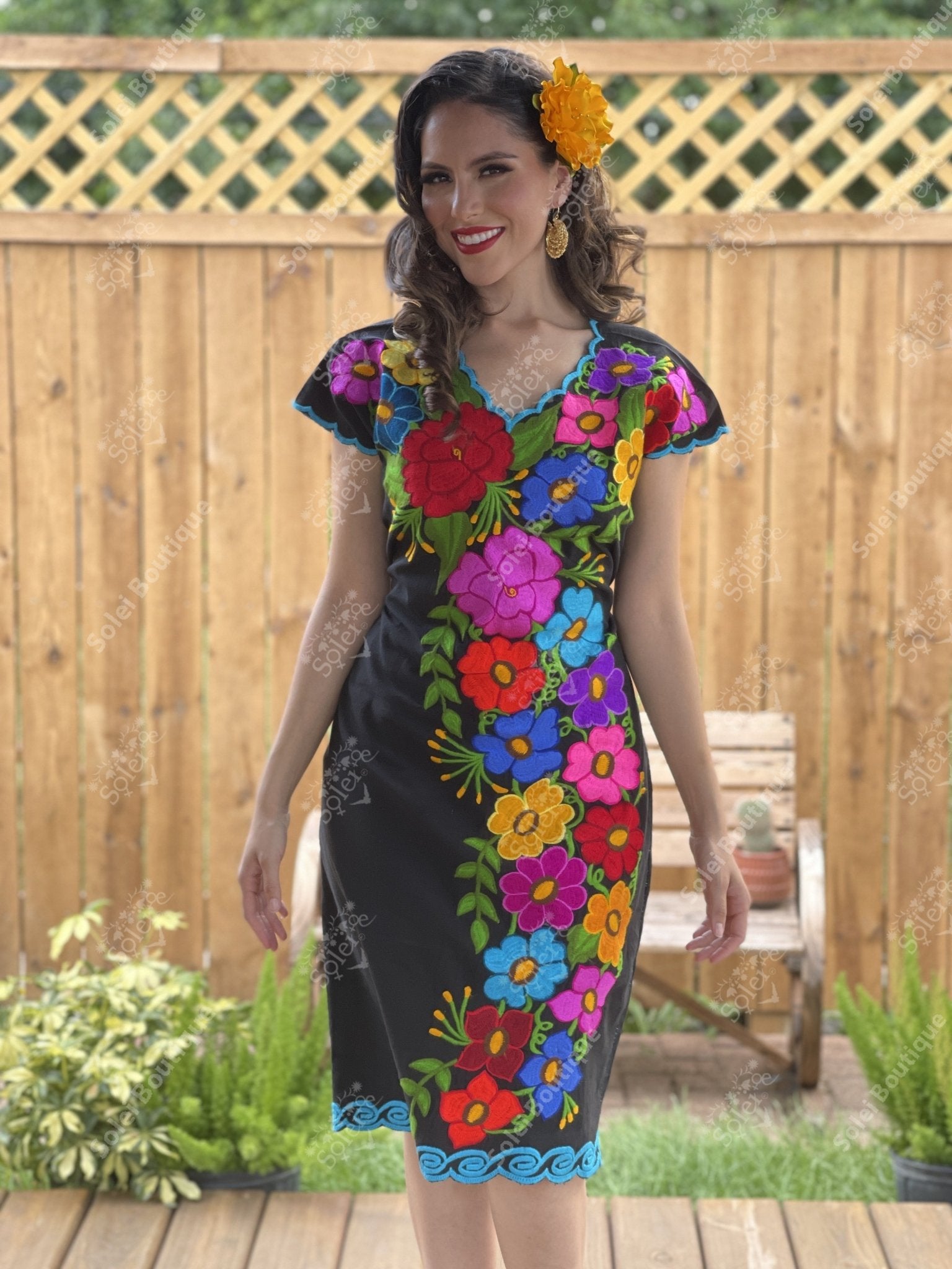 Mexican Floral Embroidered Dress in Black with multicolor embroidery