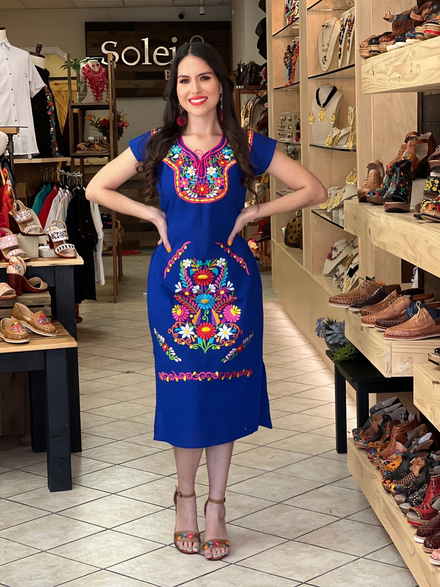 Mexican Floral Embroidered Dress. Kimono Largo Dress. - Solei Store