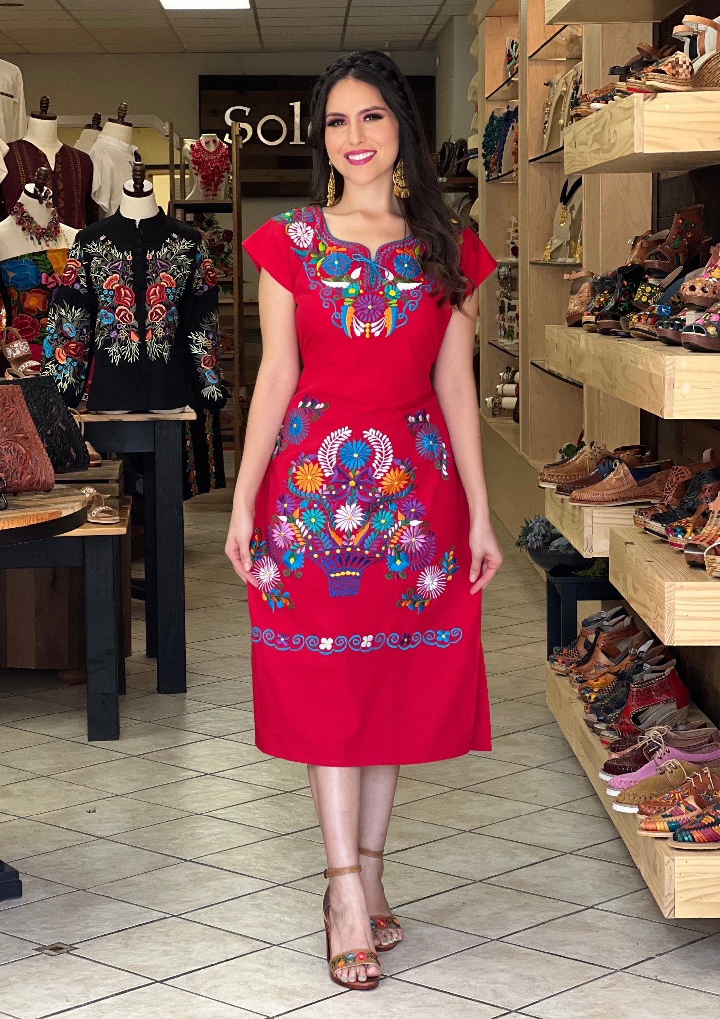 Mexican Floral Embroidered Dress. Kimono Largo Dress. - Solei Store