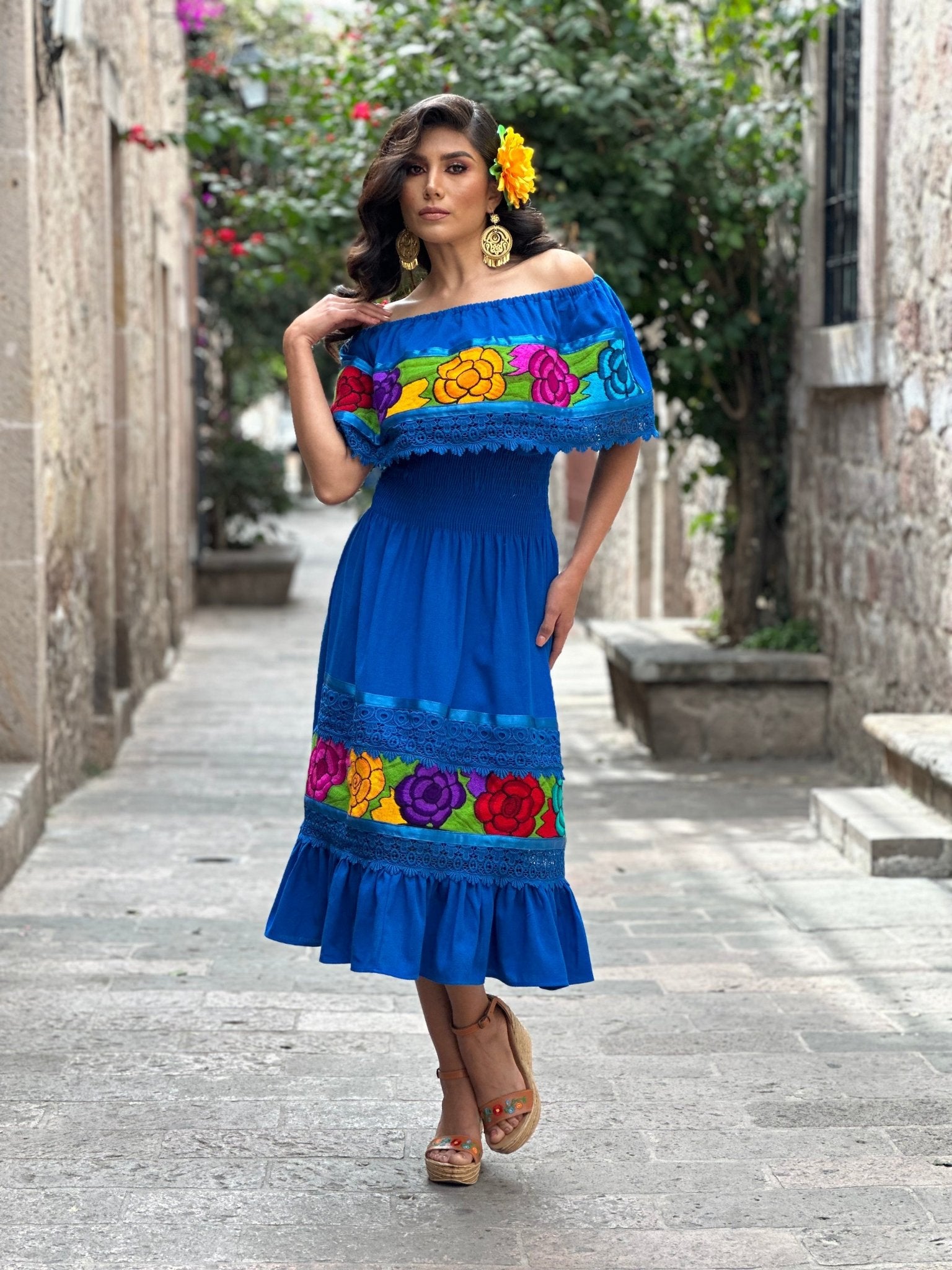 Colorful Mexican Floral Embroidered Dress in Royal Blue