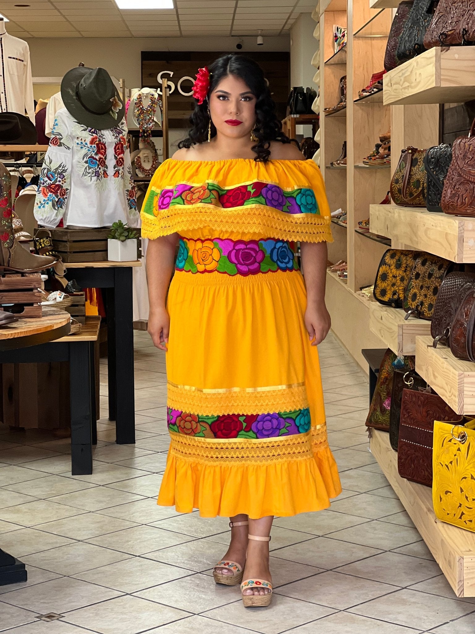 Colorful Mexican Floral Embroidered Dress in Yellow