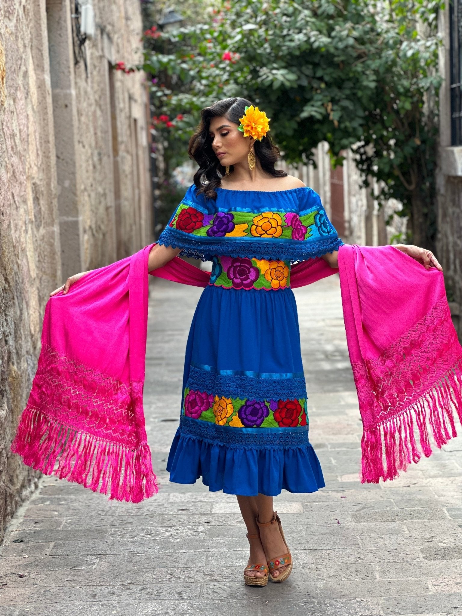 Colorful Mexican Floral Embroidered Dress in Royal Blue