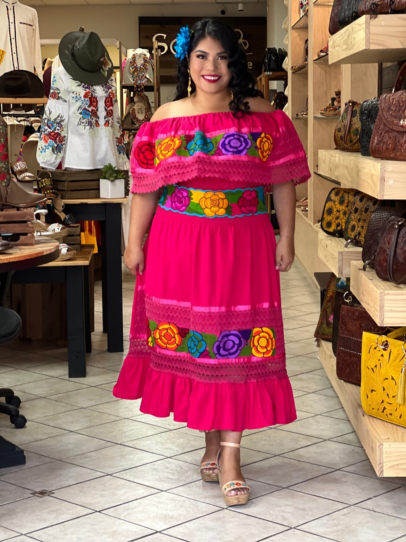 Colorful Mexican Floral Embroidered Dress in Fuchsia