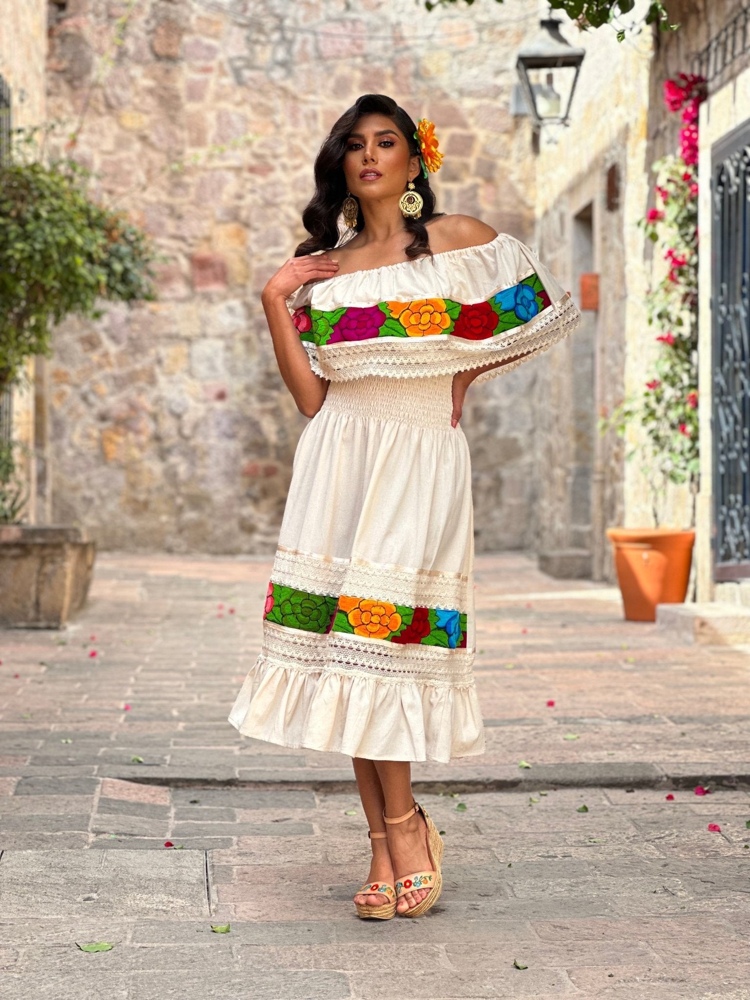 Colorful Mexican Floral Embroidered Dress in Beige