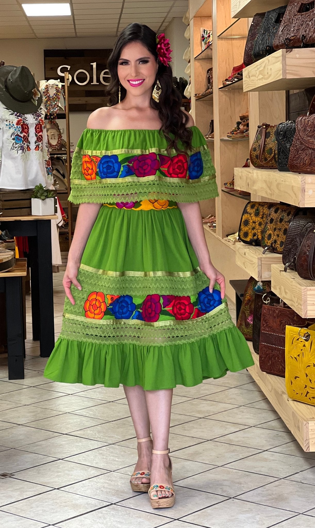 Colorful Mexican Floral Embroidered Dress in Green