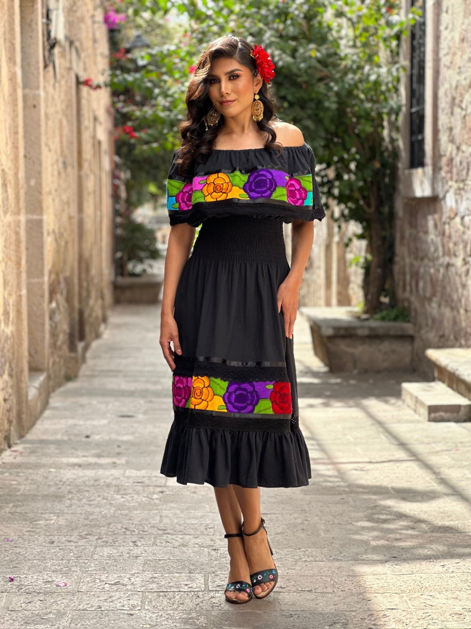 Colorful Mexican Floral Embroidered Dress in Black