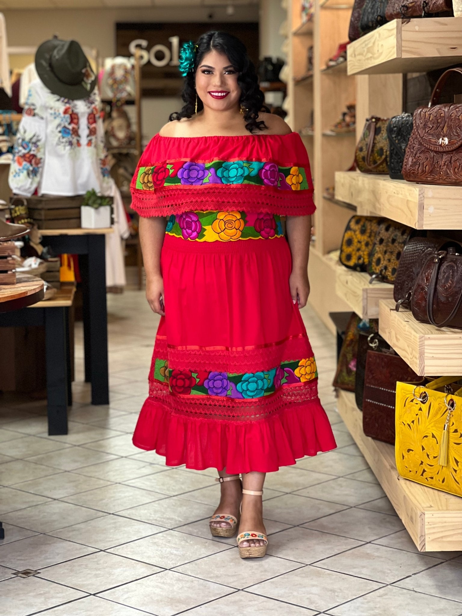 Colorful Mexican Floral Embroidered Dress in Red