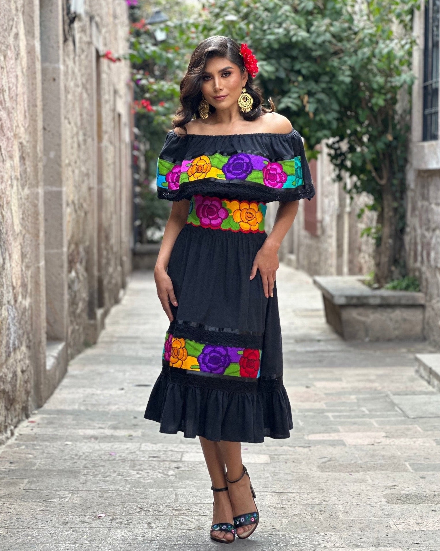 Colorful Mexican Floral Embroidered Dress in Black