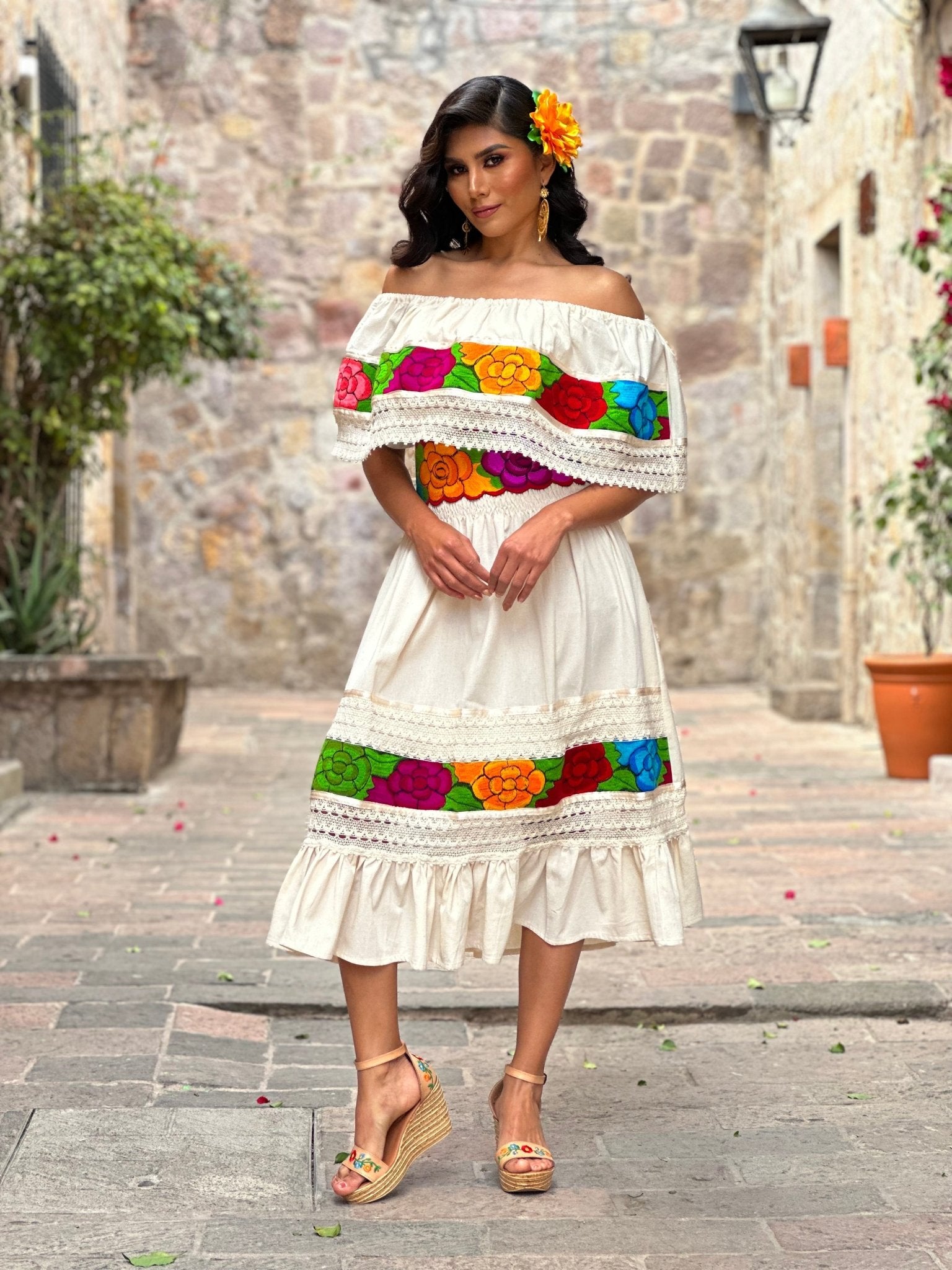 Colorful Mexican Floral Embroidered Dress in Beige