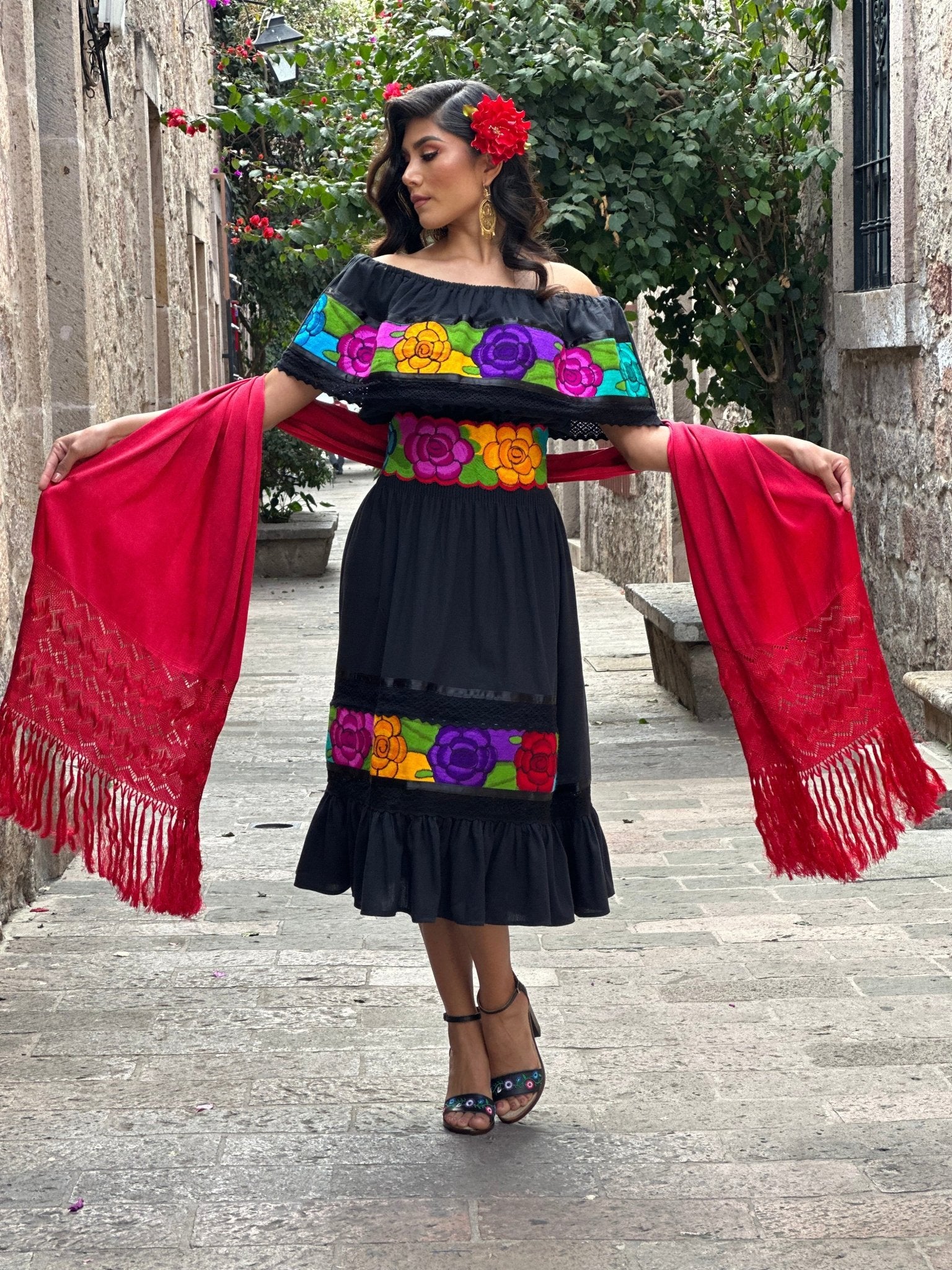 Colorful Mexican Floral Embroidered Dress in Black