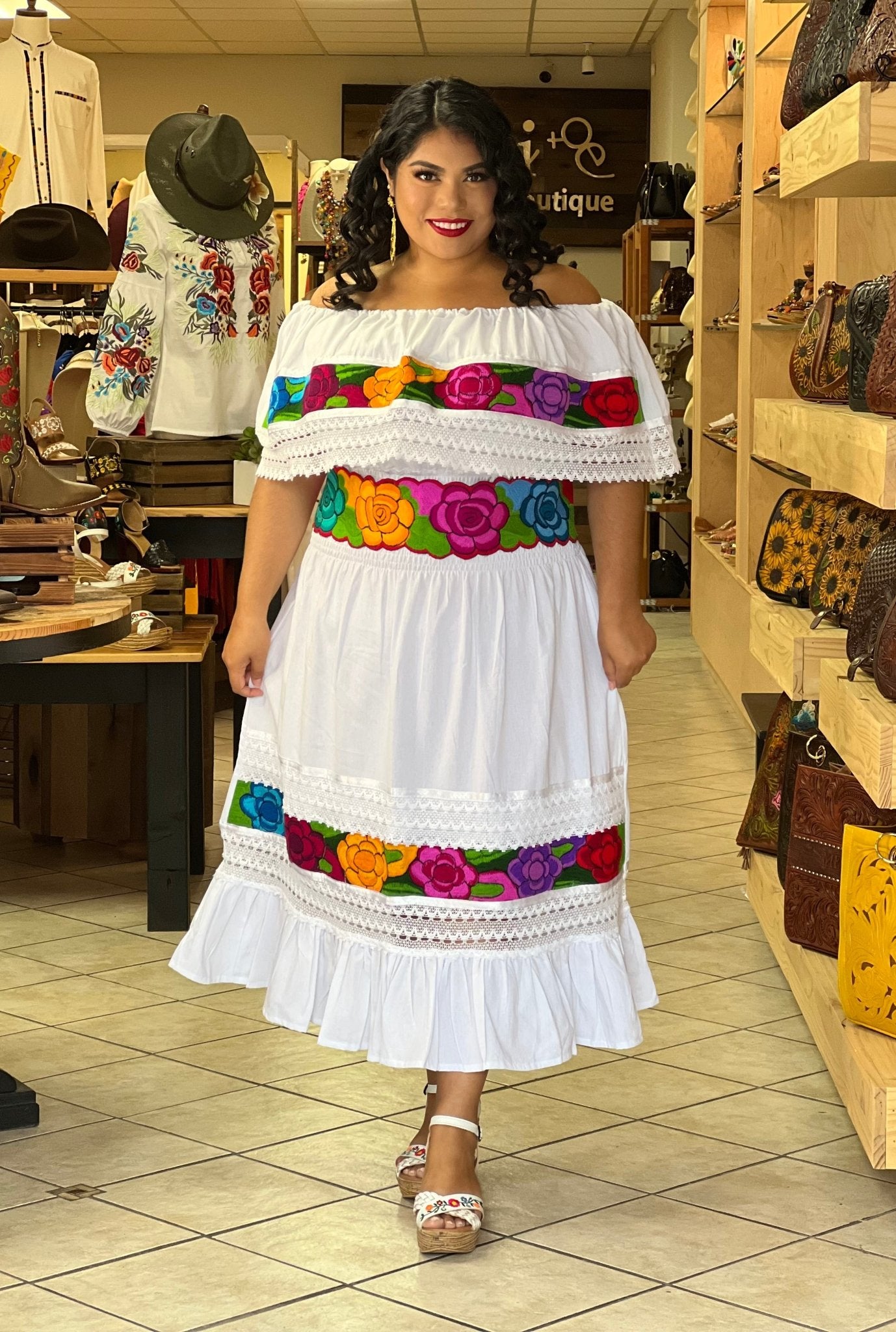 Colorful Mexican Floral Embroidered Dress in White