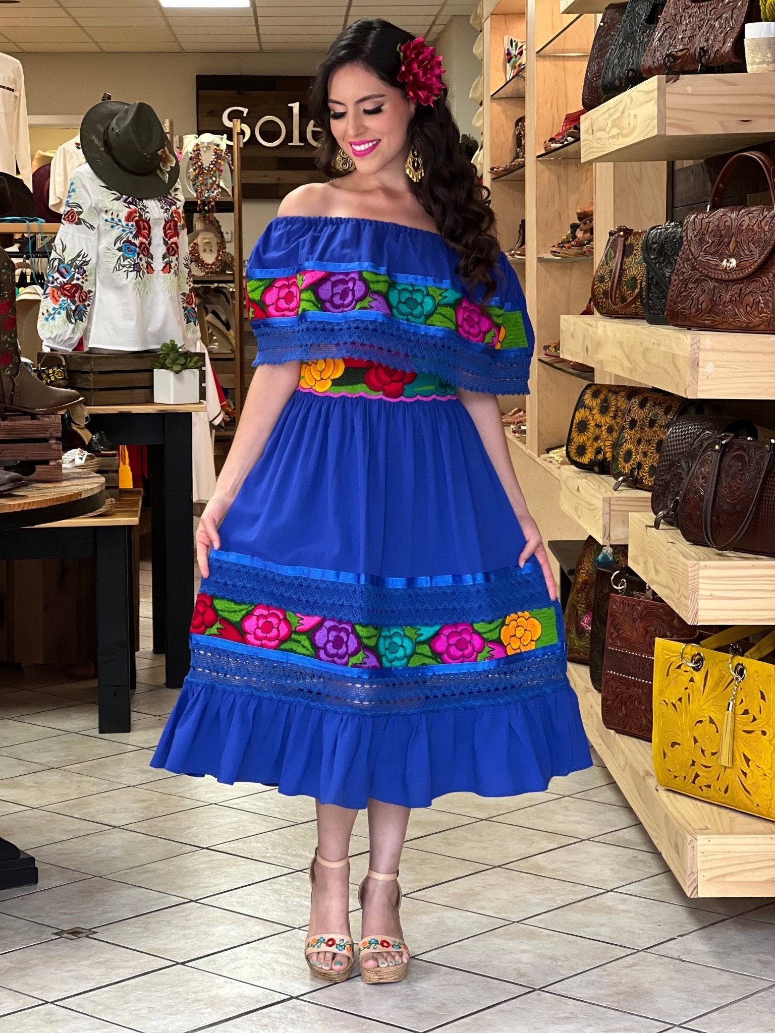 Colorful Mexican Floral Embroidered Dress in Royal Blue