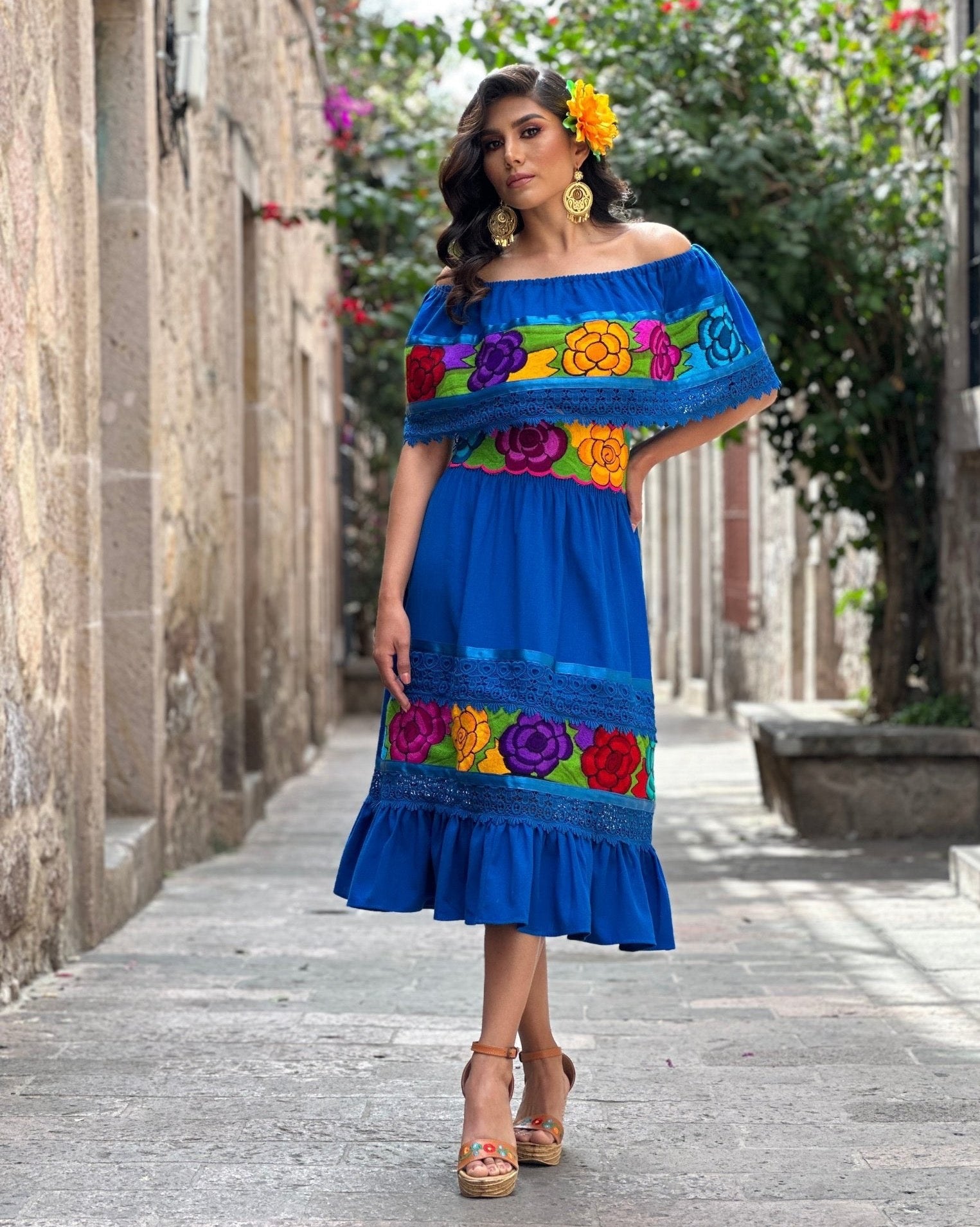 Colorful Mexican Floral Embroidered Dress in Royal Blue