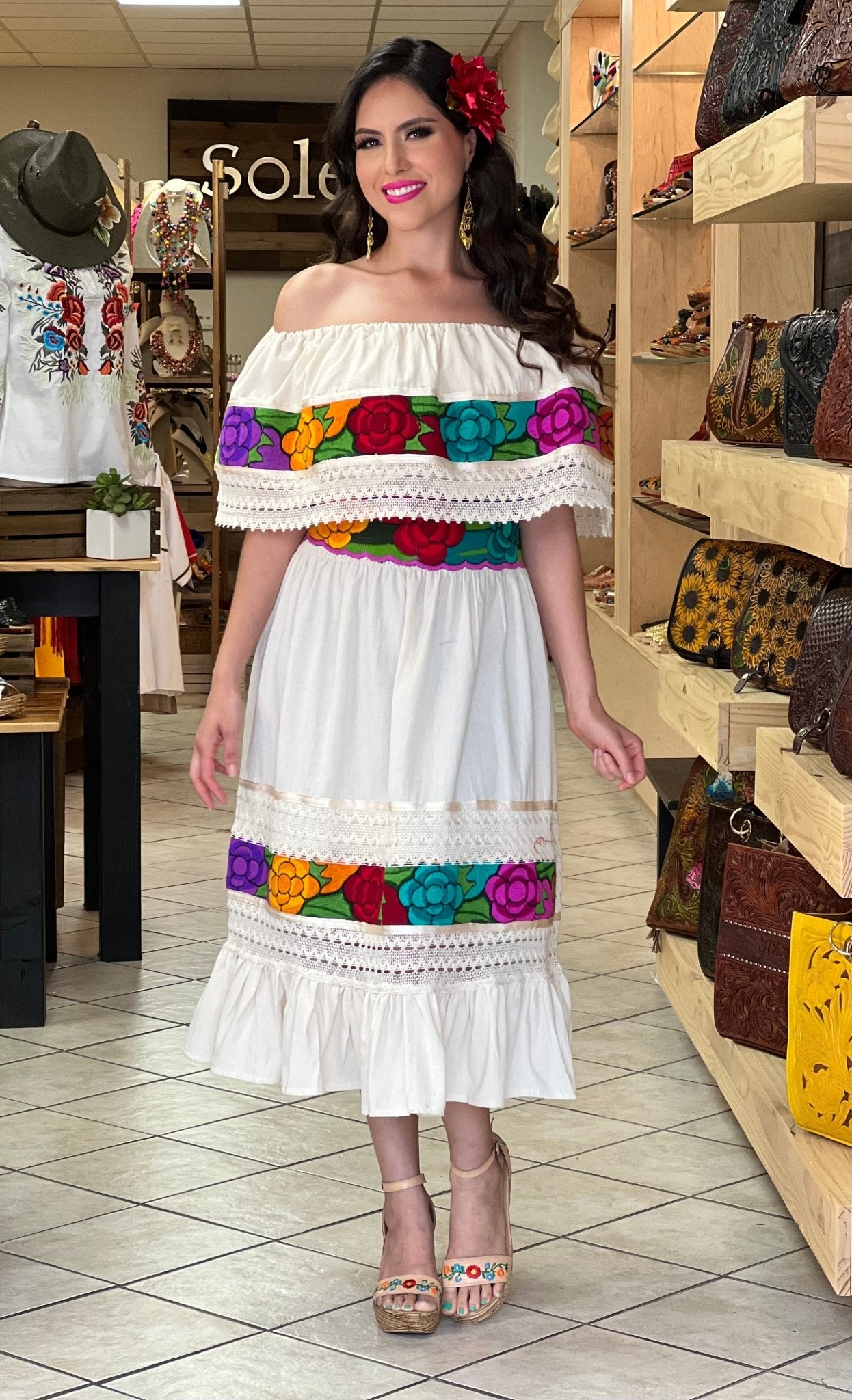 Colorful Mexican Floral Embroidered Dress in Beige