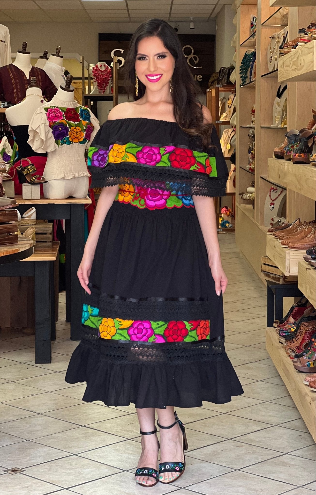 Colorful Mexican Floral Embroidered Dress in Black