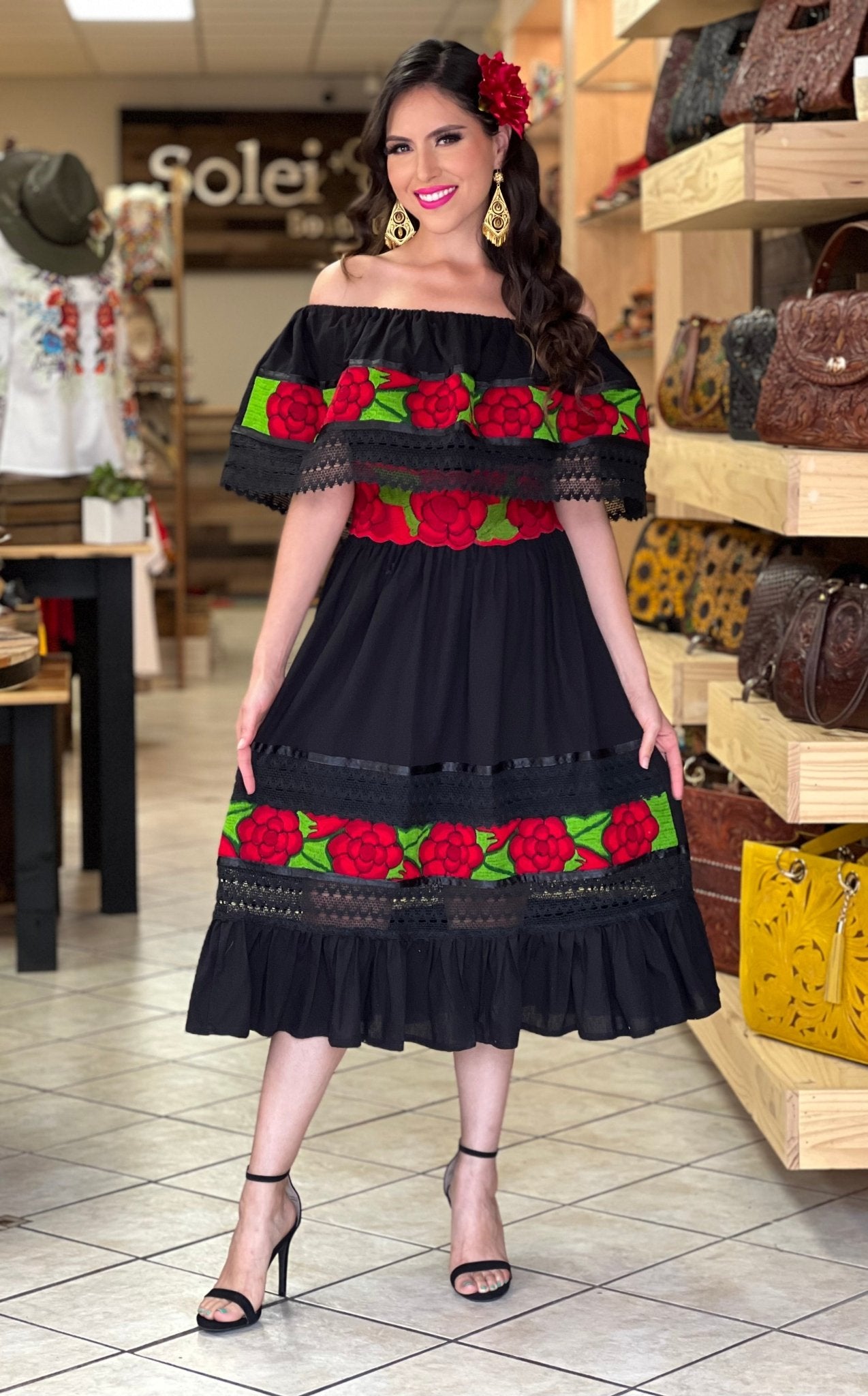 Mexican Floral Embroidered Dress. Vestido Camila Rojo - Solei Store