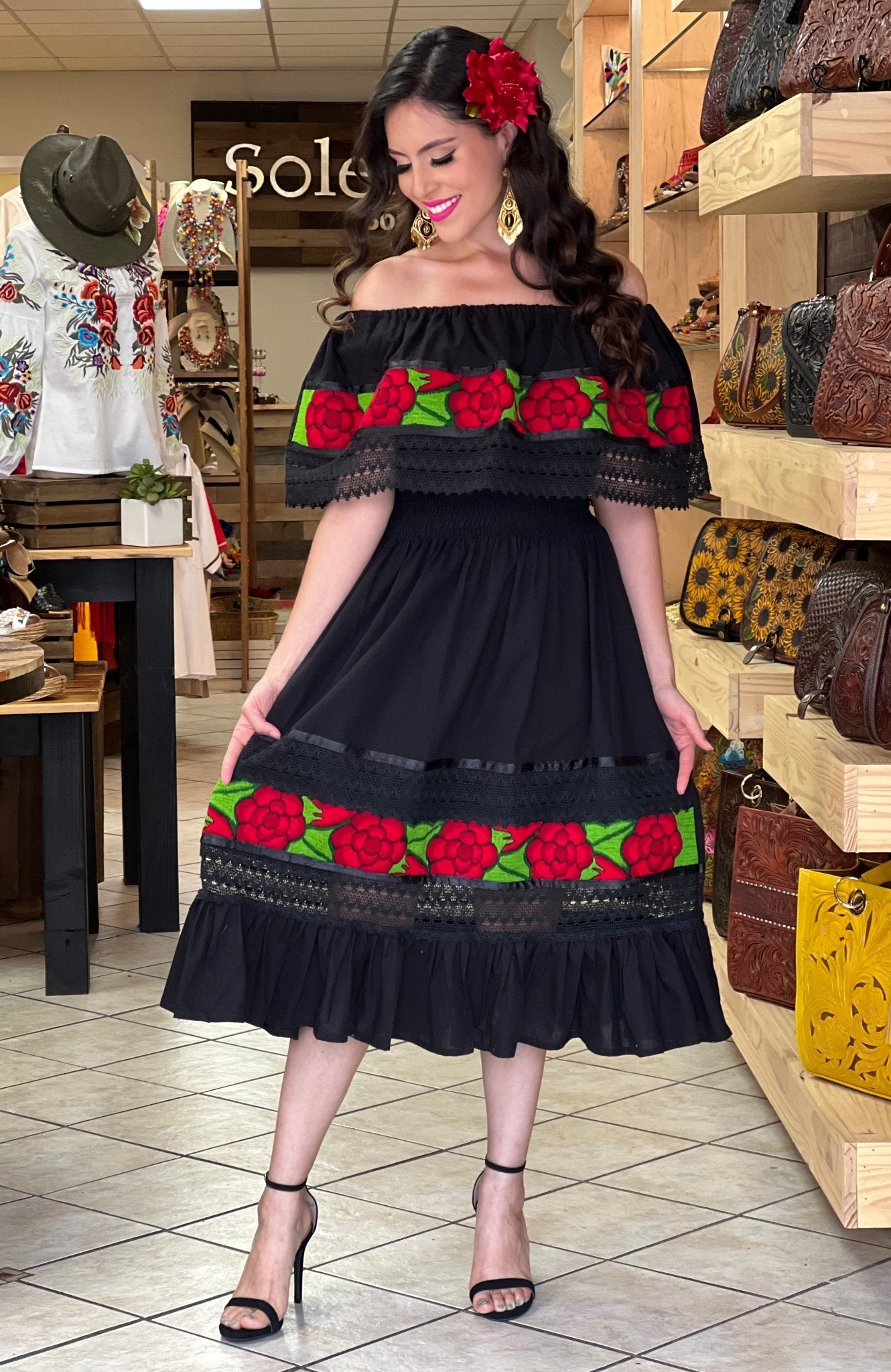 Mexican Floral Embroidered Dress. Vestido Camila Rojo - Solei Store