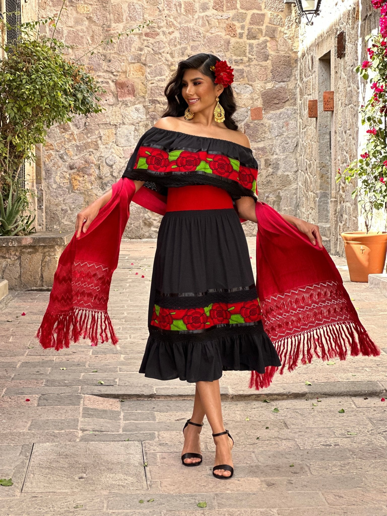 Mexican Floral Embroidered Dress. Vestido Camila Rojo - Solei Store