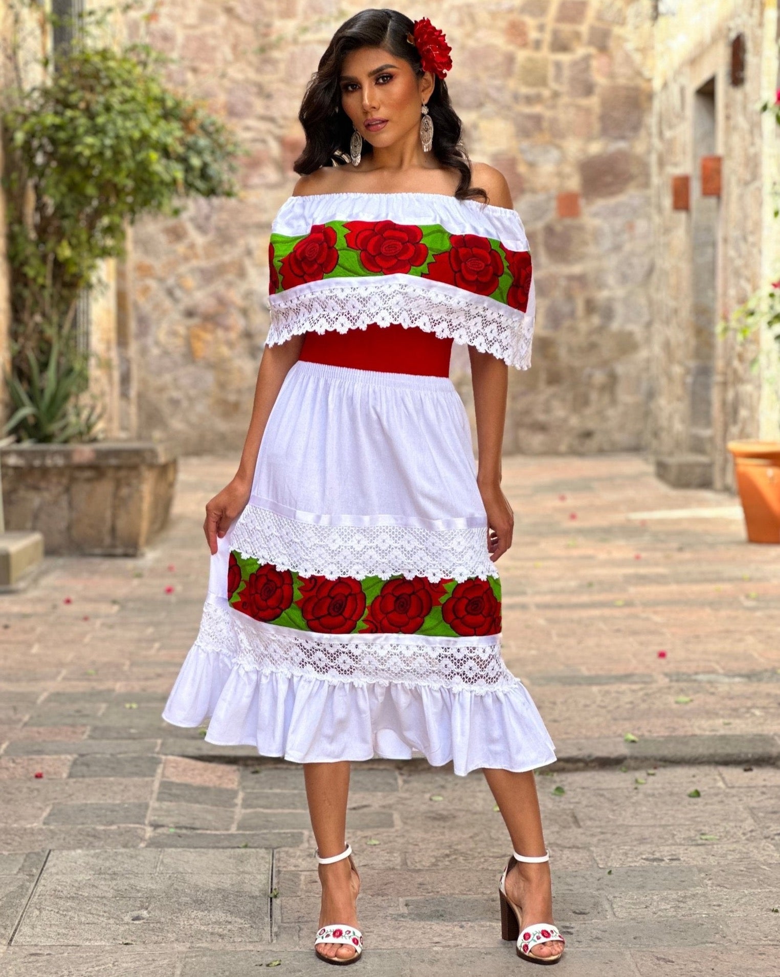 Mexican Floral Embroidered Dress in  White