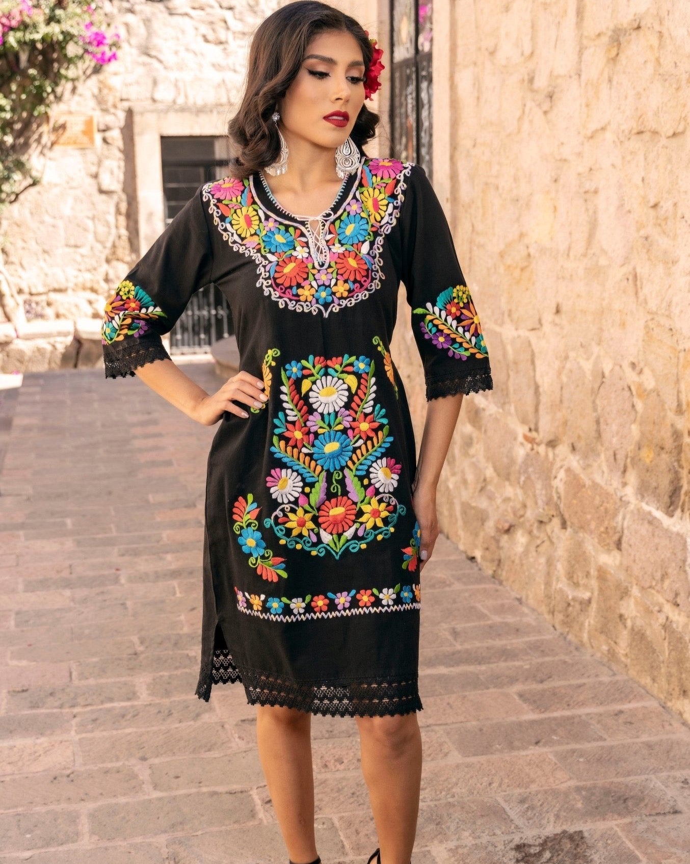 Mexican Floral Embroidered Dress. Vestido Kimono Deluxe Largo - Solei Store