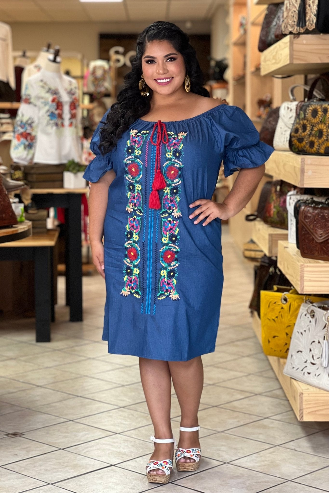 Mexican Floral Embroidered Jean Dress. Vestido Alejandra - Solei Store