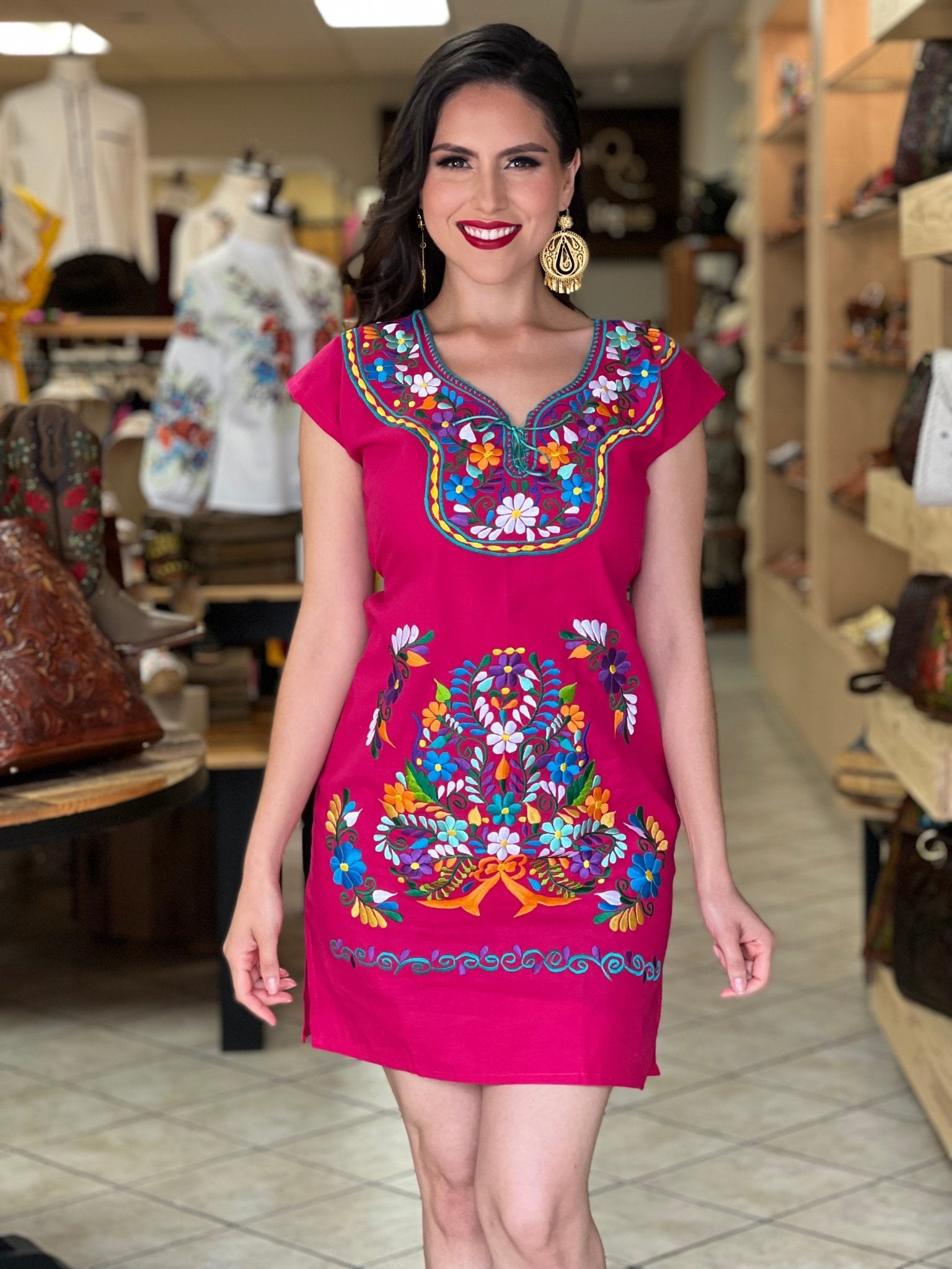 Mexican Floral Embroidered Midi Kimono Dress. Vestido Kimono Corto - Solei Store