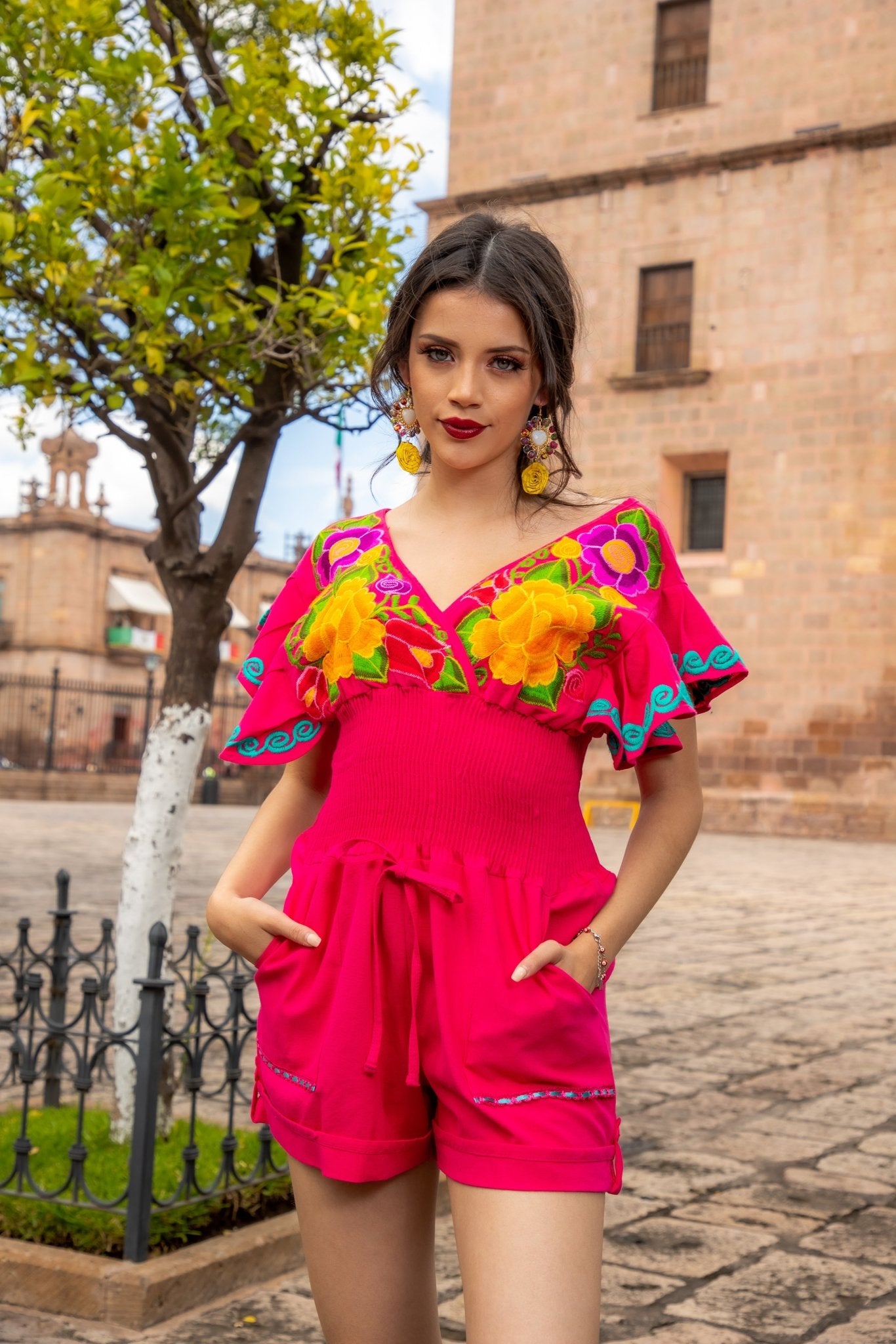 Mexican Floral Embroidered Romper. Butterfly Sleeve Romper. - Solei Store