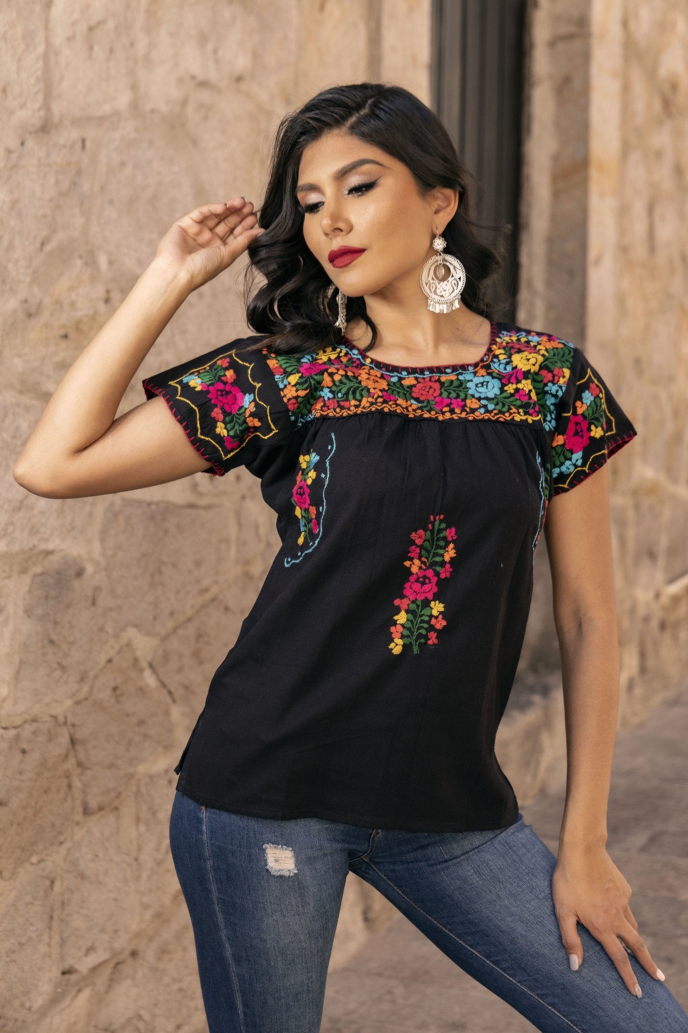 Mexican Floral Embroidered Tunic Blouse. Blusa Toña. - Solei Store