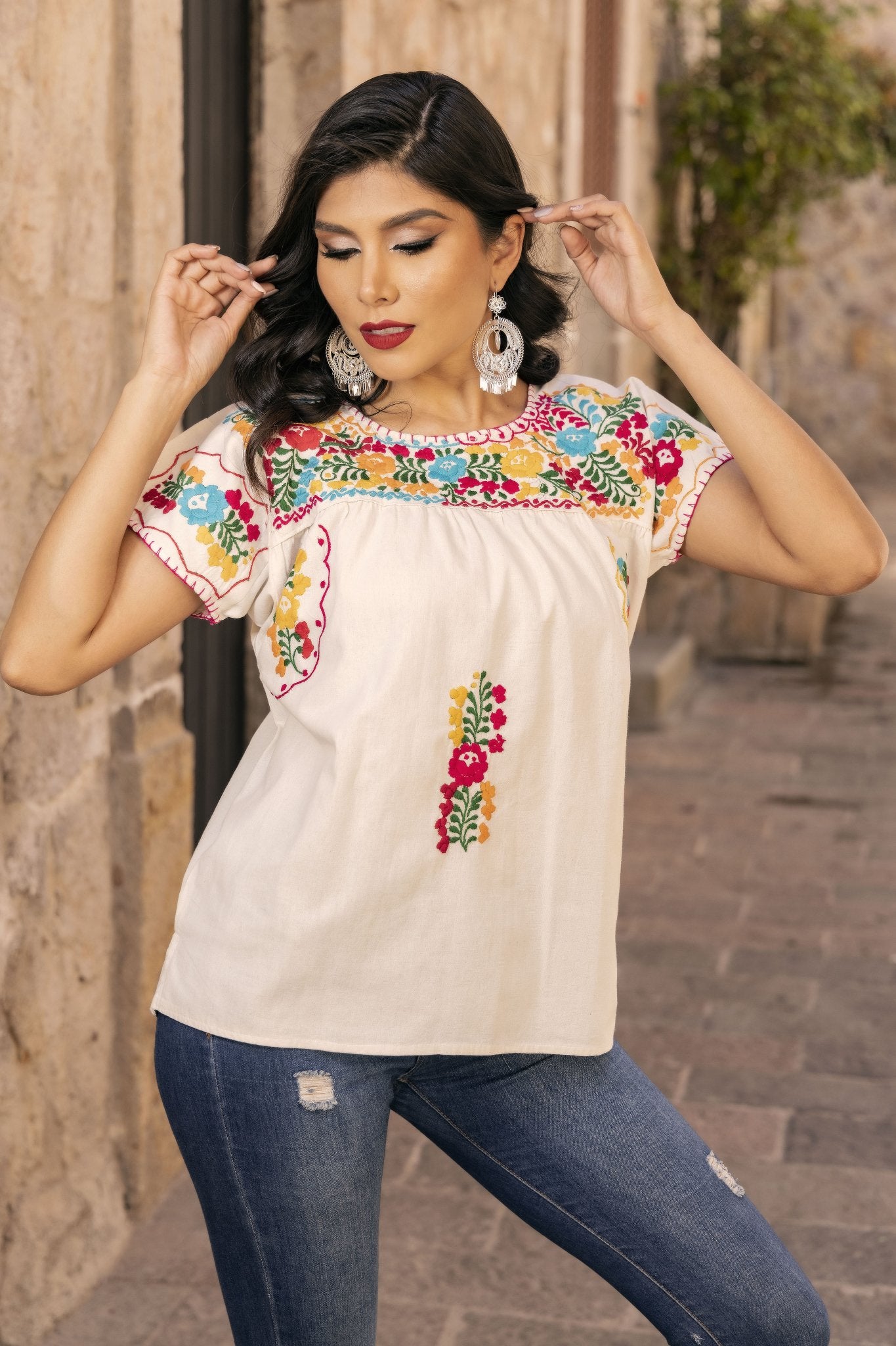 Mexican Floral Embroidered Tunic Blouse. Blusa Toña. - Solei Store