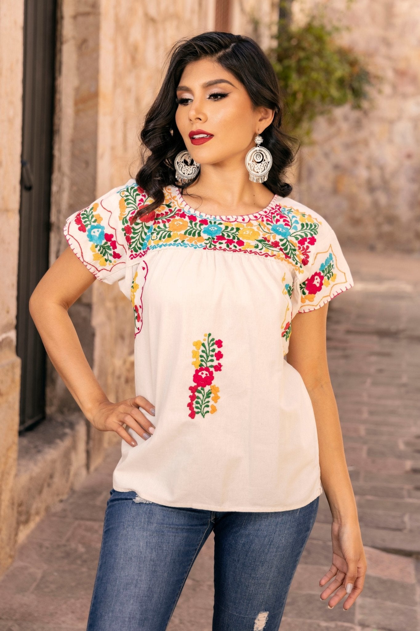 Mexican Floral Embroidered Tunic Blouse. Blusa Toña. - Solei Store