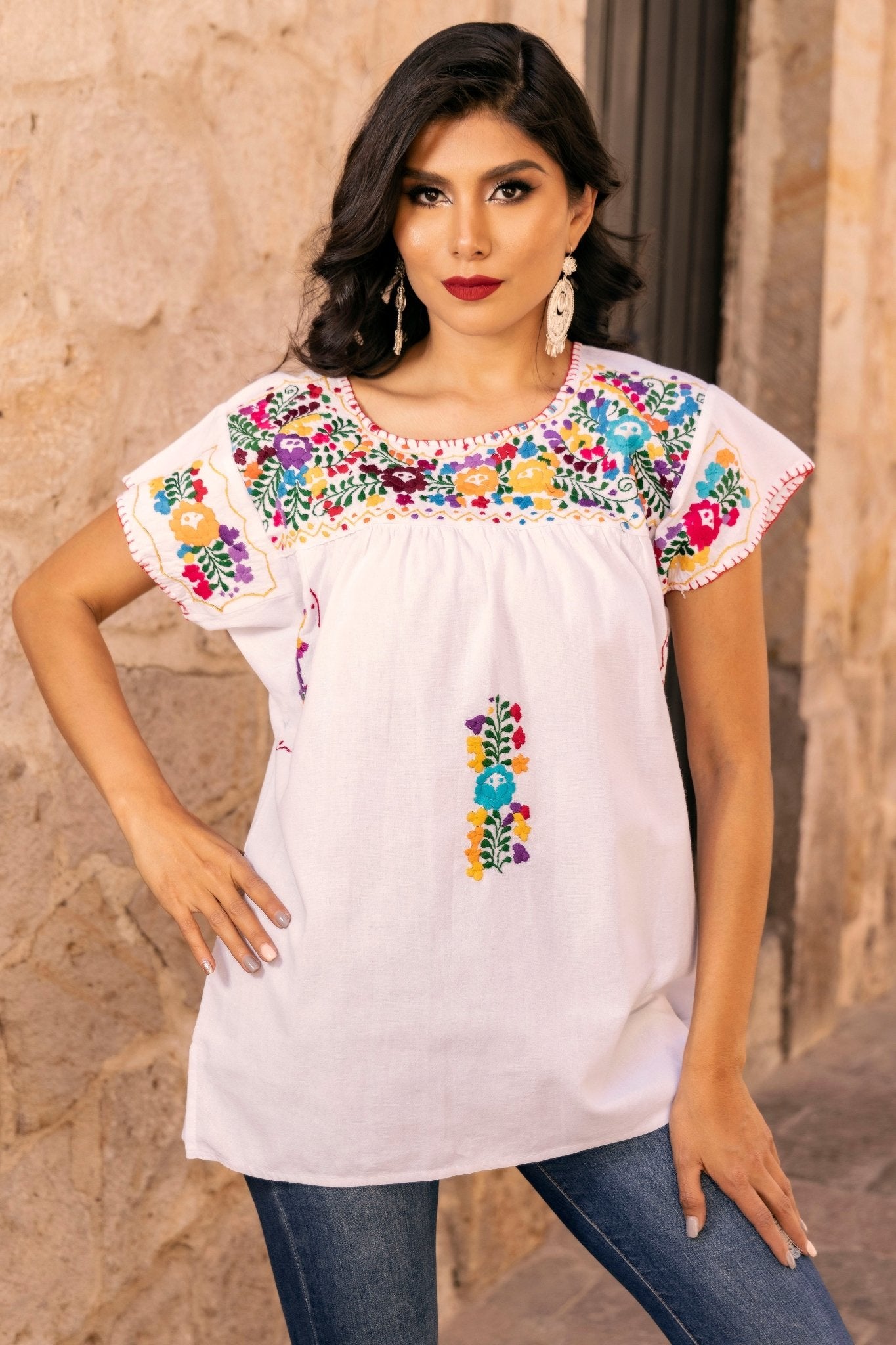 Mexican Floral Embroidered Tunic Blouse. Blusa Toña. - Solei Store