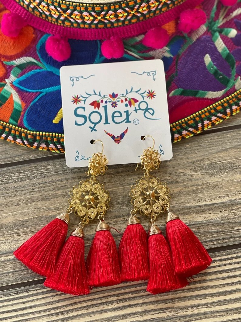 Mexican Floral Filigree Tassel Earrings. Arete Flor Borlas - Solei Store