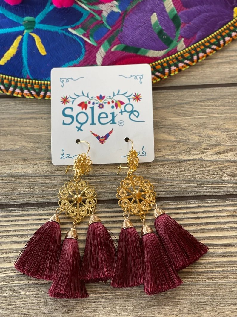Mexican Floral Filigree Tassel Earrings. Arete Flor Borlas - Solei Store