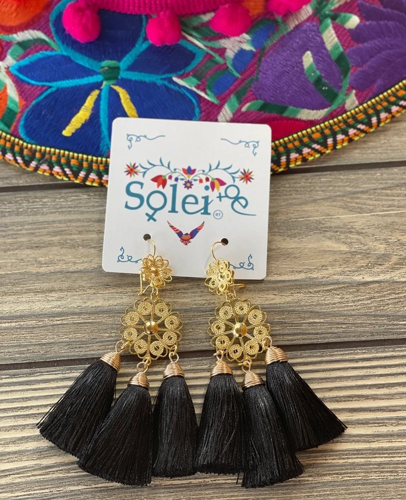 Mexican Floral Filigree Tassel Earrings. Arete Flor Borlas - Solei Store
