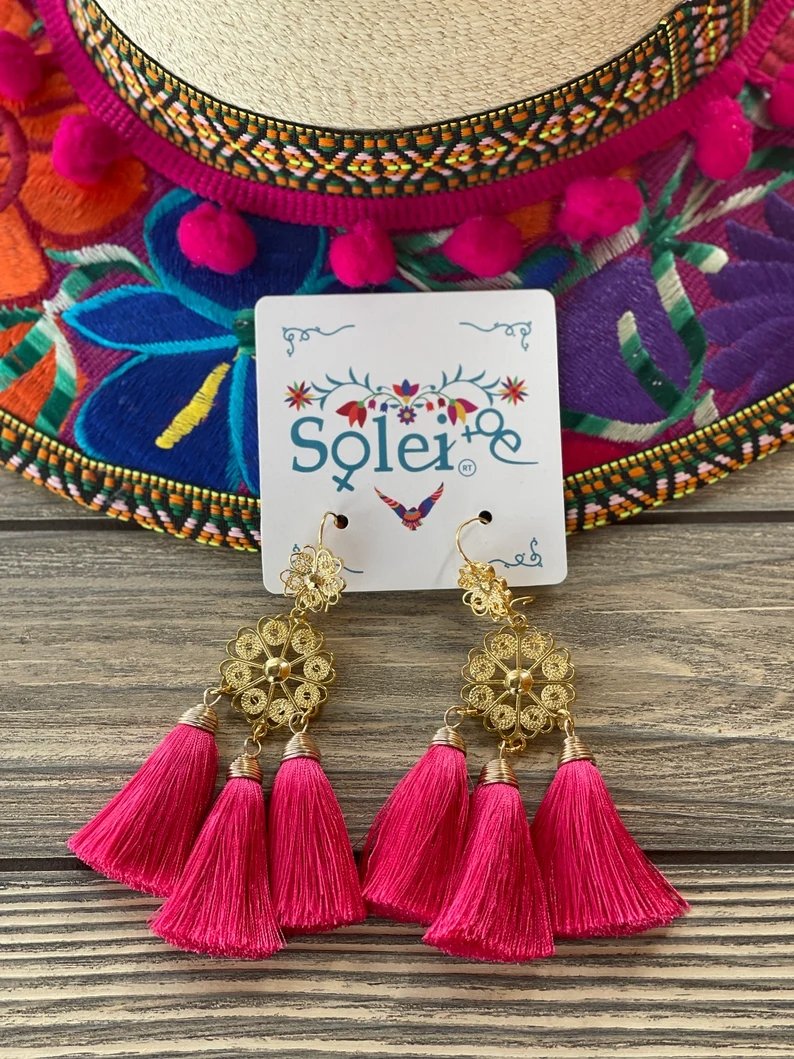 Mexican Floral Filigree Tassel Earrings. Arete Flor Borlas - Solei Store