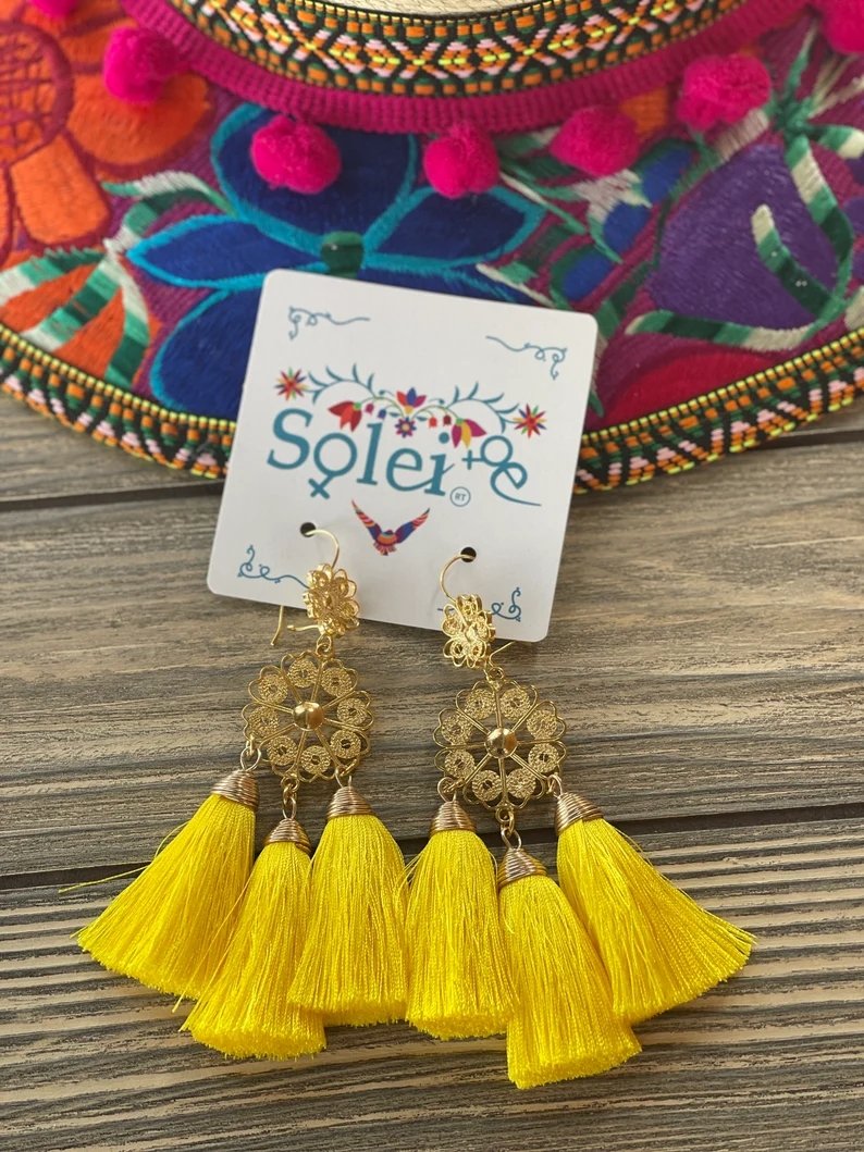 Mexican Floral Filigree Tassel Earrings. Arete Flor Borlas - Solei Store