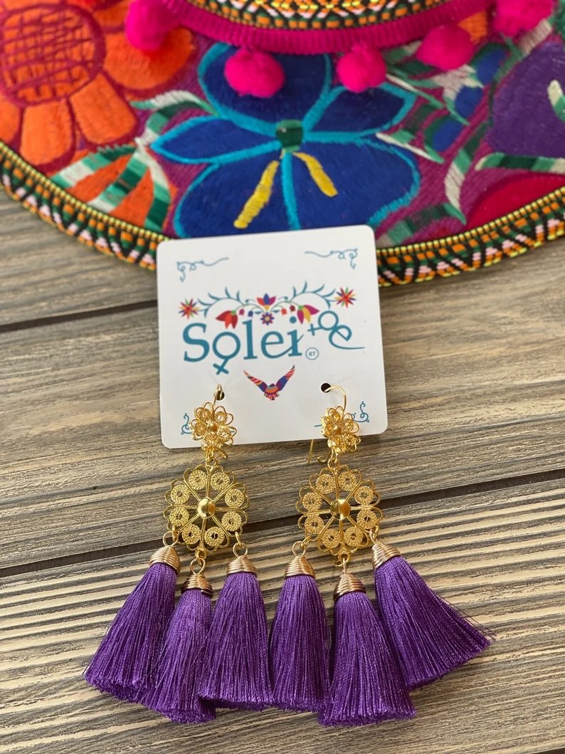 Mexican Floral Filigree Tassel Earrings. Arete Flor Borlas - Solei Store